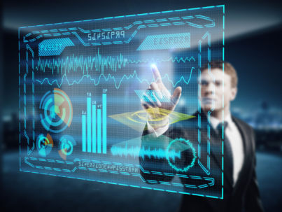 Young businessman using digital business hologram in blurry office interior with night city view. Touchscreen concept. Double exposure